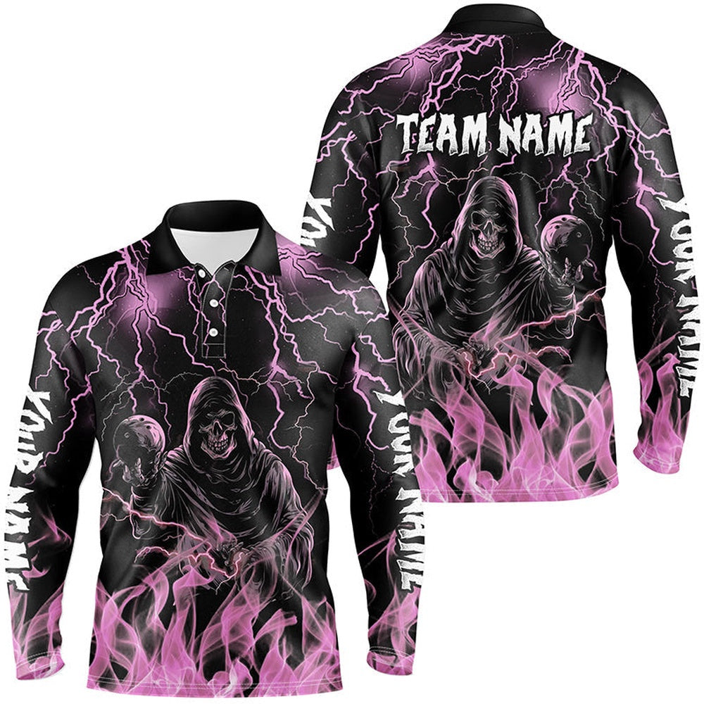Custom Bowling Polo Shirts, Pink Lightning Thunder Skull Flame Bowling Shirts For Men Custom Bowling Team League Jerseys