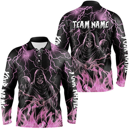 Custom Bowling Polo Shirts, Pink Lightning Thunder Skull Flame Bowling Shirts For Men Custom Bowling Team League Jerseys