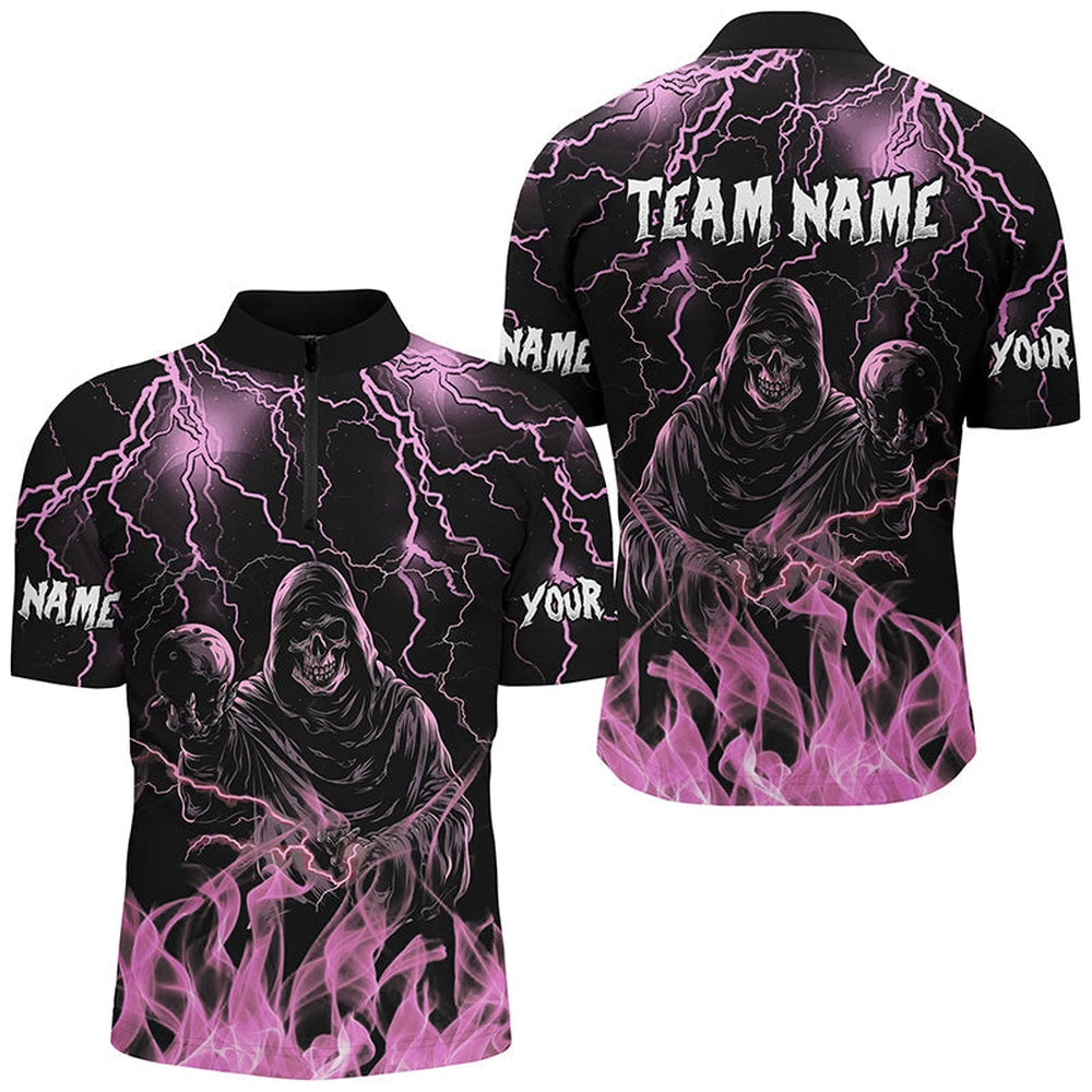 Custom Bowling Polo Shirts, Pink Lightning Thunder Skull Flame Bowling Shirts For Men Custom Bowling Team League Jerseys