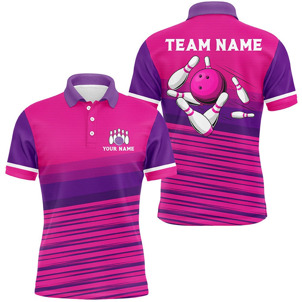 Custom Bowling Polo Shirts, Pink Pattern Bowling Ball And Pins Custom Men Bowling Polo Shirts, Team Bowling Jerseys
