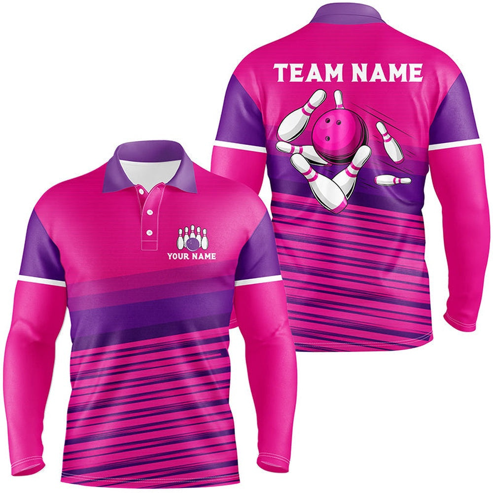 Custom Bowling Polo Shirts, Pink Pattern Bowling Ball And Pins Custom Men Bowling Polo Shirts, Team Bowling Jerseys
