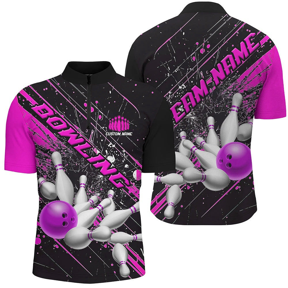 Custom Bowling Polo Shirts, Pink Purple Strike Bowling Custom Team Shirts For Men And Women, Bowling League Outfits For Bowler