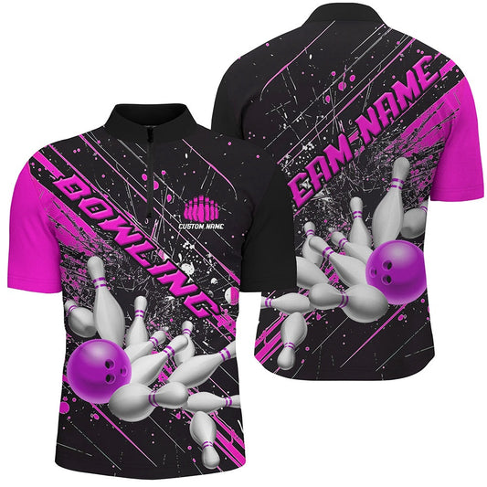 Custom Bowling Polo Shirts, Pink Purple Strike Bowling Custom Team Shirts For Men And Women, Bowling League Outfits For Bowler