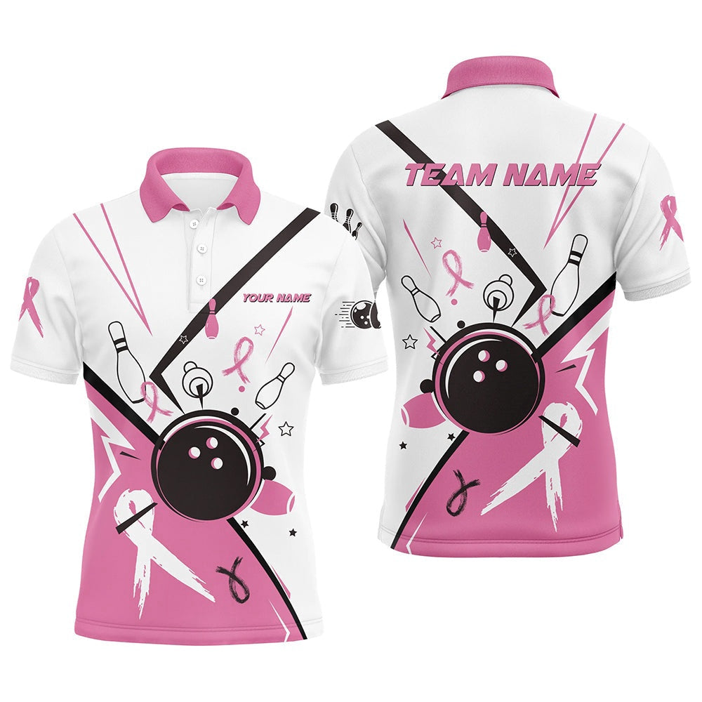 Custom Bowling Polo Shirts, Pink Ribbon Breast Cancer Awareness Bowling Jerseys Custom Team Bowling Polo Shirt For Men White