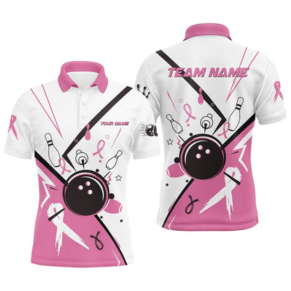 Custom Bowling Polo Shirts, Pink Ribbon Breast Cancer Awareness Bowling Jerseys Custom Team Bowling Polo Shirt For Men White