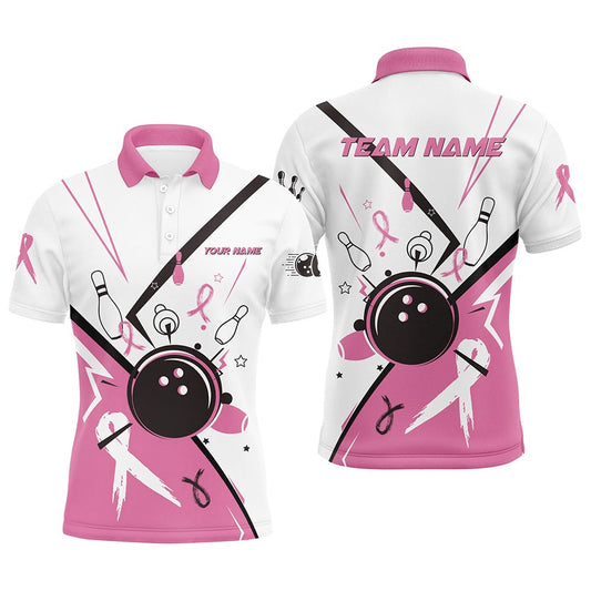 Custom Bowling Polo Shirts, Pink Ribbon Breast Cancer Awareness Bowling Jerseys Custom Team Bowling Polo Shirt For Men White