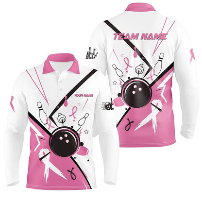 Custom Bowling Polo Shirts, Pink Ribbon Breast Cancer Awareness Bowling Jerseys Custom Team Bowling Polo Shirt For Men White
