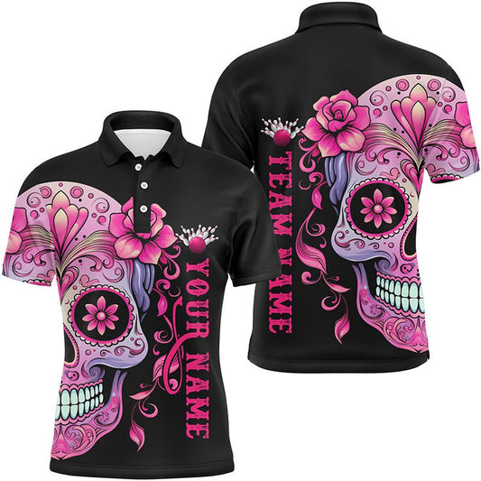 Custom Bowling Polo Shirts, Pink Sugar Skull Tattoo Custom Unisex Team Bowling Polo Shirts, Halloween Team Bowling Jerseys