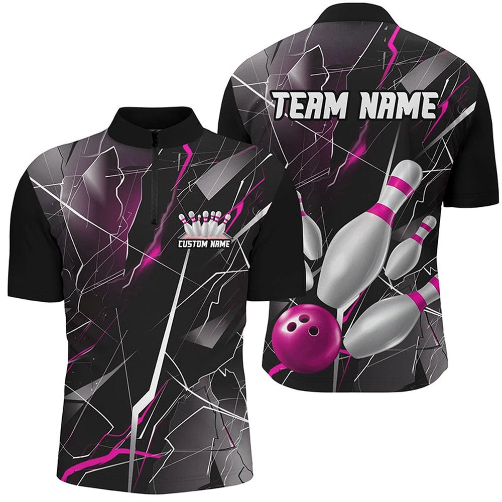 Custom Bowling Polo Shirts, Pink Thunder Lightning Custom Bowling Team Shirts For Men And Women, Strike Bowling Jerseys