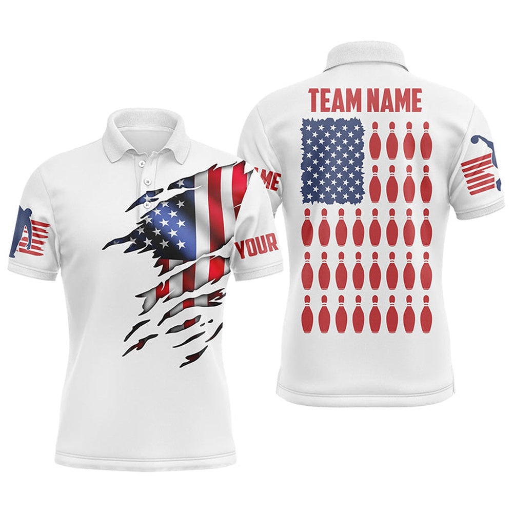 Custom Bowling Polo Shirts, Polo Shirt Custom Mens Bowling Shirts, Customizable American Flag Bowling Pin Polo Shirt For Team
