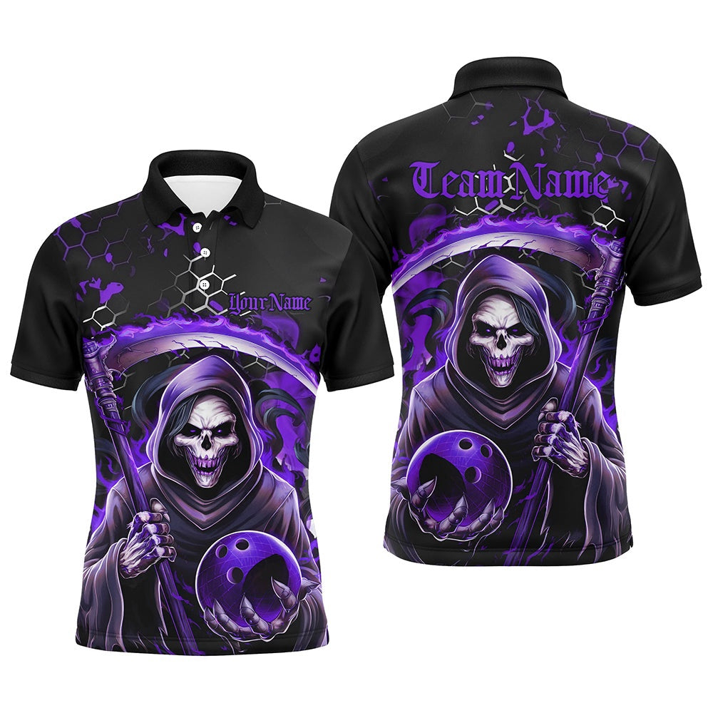 Custom Bowling Polo Shirts, Purple And Black Custom Grim Reaper Bowling Polo Shirts For Men, Halloween Skull Bowling Shirt