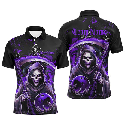 Custom Bowling Polo Shirts, Purple And Black Custom Grim Reaper Bowling Polo Shirts For Men, Halloween Skull Bowling Shirt
