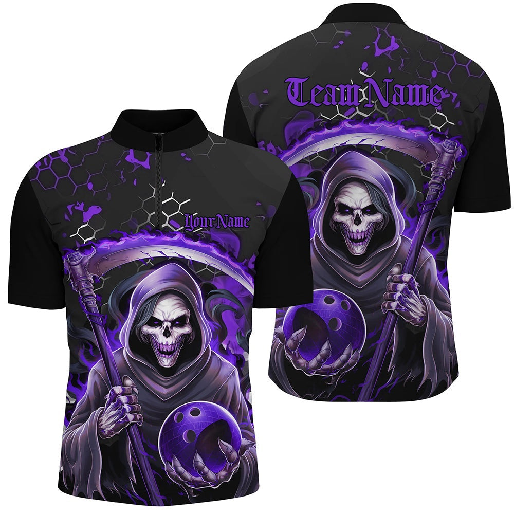 Custom Bowling Polo Shirts, Purple And Black Custom Grim Reaper Bowling Polo Shirts For Men, Halloween Skull Bowling Shirt