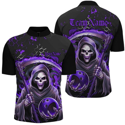 Custom Bowling Polo Shirts, Purple And Black Custom Grim Reaper Bowling Polo Shirts For Men, Halloween Skull Bowling Shirt