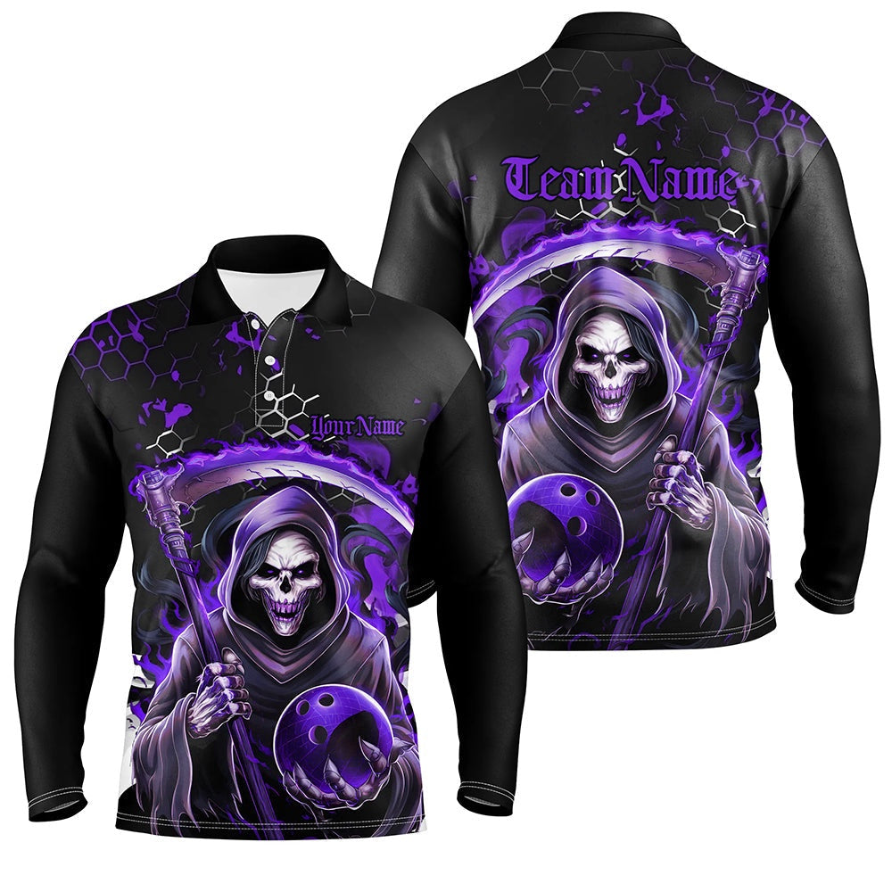Custom Bowling Polo Shirts, Purple And Black Custom Grim Reaper Bowling Polo Shirts For Men, Halloween Skull Bowling Shirt