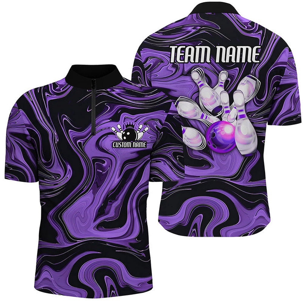 Custom Bowling Polo Shirts, Purple Bowling Ball And Pins Custom Bowling Team Shirts For Men And Women, Unisex Bowlers Outfit