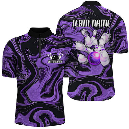 Custom Bowling Polo Shirts, Purple Bowling Ball And Pins Custom Bowling Team Shirts For Men And Women, Unisex Bowlers Outfit