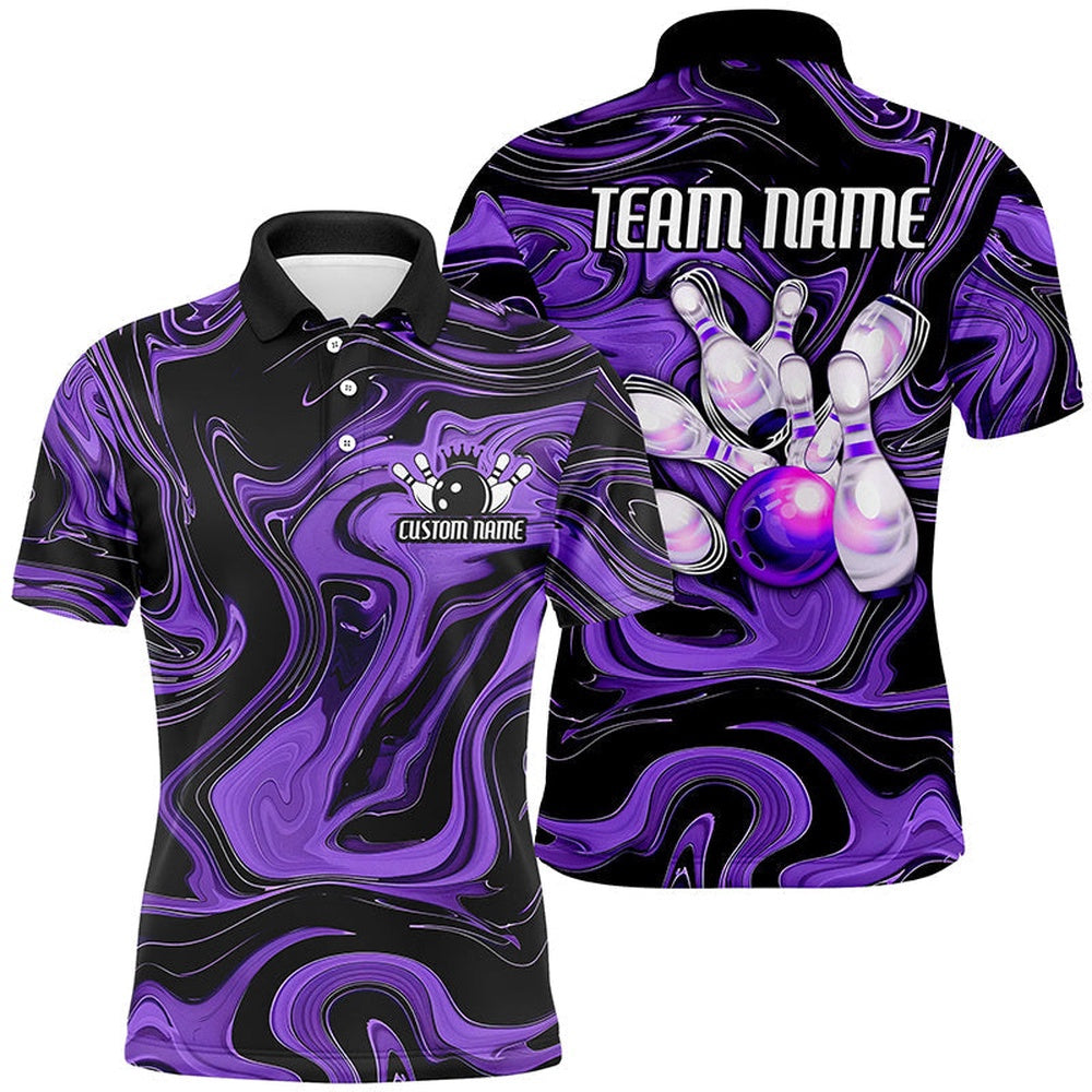Custom Bowling Polo Shirts, Purple Bowling Ball And Pins Custom Bowling Team Shirts For Men And Women, Unisex Bowlers Outfit
