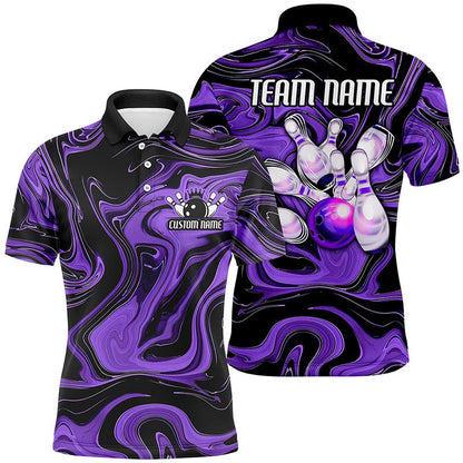 Custom Bowling Polo Shirts, Purple Bowling Ball And Pins Custom Bowling Team Shirts For Men And Women, Unisex Bowlers Outfit