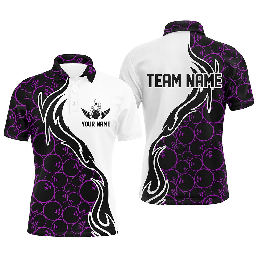 Custom Bowling Polo Shirts, Purple Bowling Pattern Custom Men Bowling Polo Shirts Flame Bowling Team Jerseys Tournament