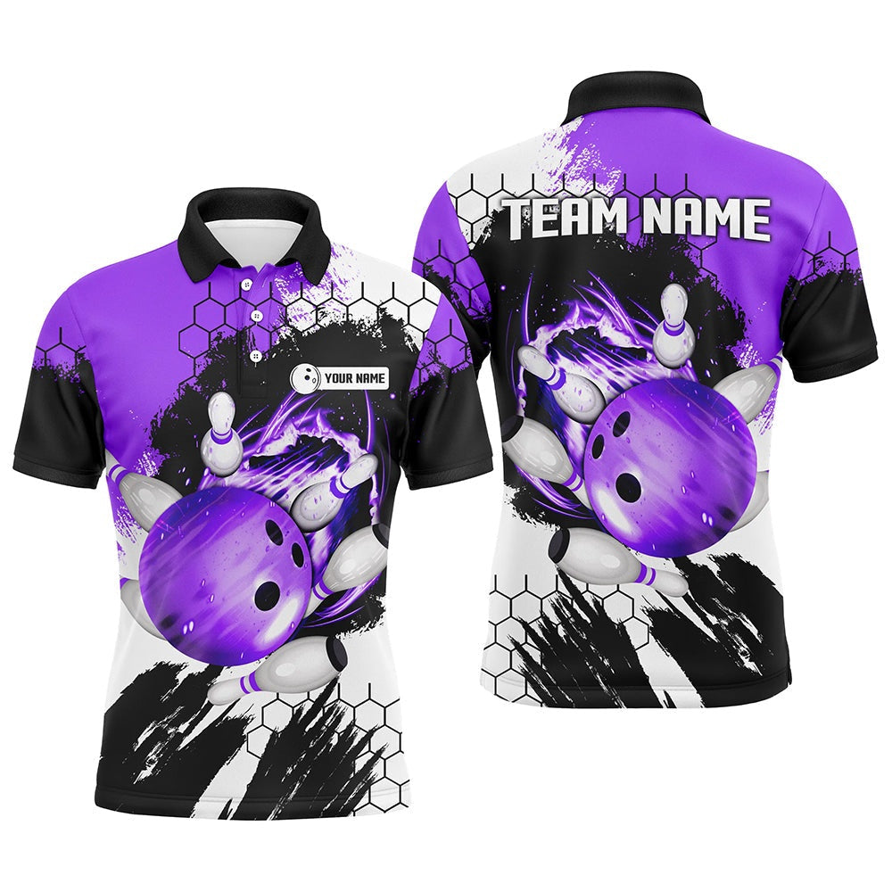 Custom Bowling Polo Shirts, Purple Flame Bowling Ball And Pins Jerseys Custom Team League Bowling Polo Shirts For Men