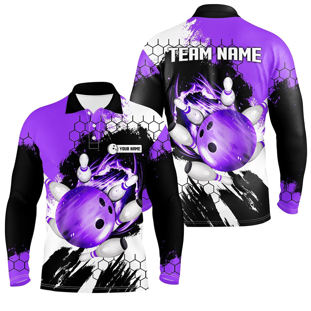 Custom Bowling Polo Shirts, Purple Flame Bowling Ball And Pins Jerseys Custom Team League Bowling Polo Shirts For Men