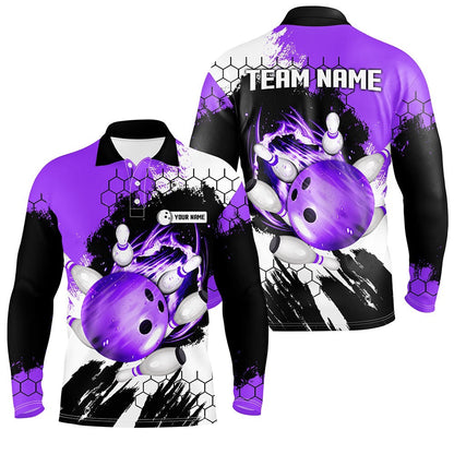 Custom Bowling Polo Shirts, Purple Flame Bowling Ball And Pins Jerseys Custom Team League Bowling Polo Shirts For Men