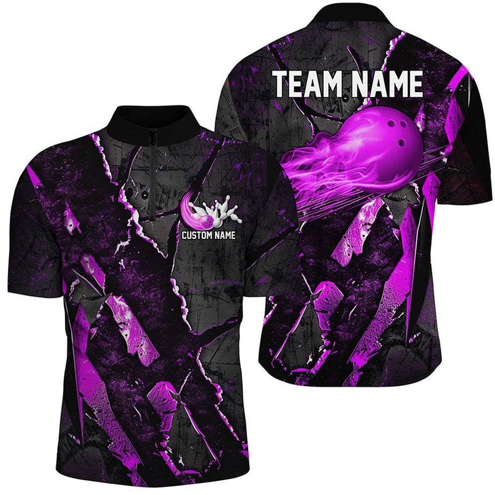 Custom Bowling Polo Shirts, Purple Flame Bowling Ball Customize Bowling Team Shirts, Bowling Tournament Outfits