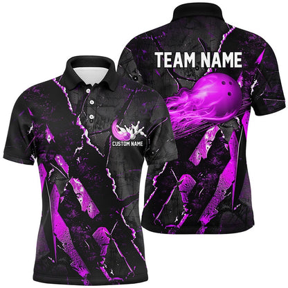 Custom Bowling Polo Shirts, Purple Flame Bowling Ball Customize Bowling Team Shirts, Bowling Tournament Outfits