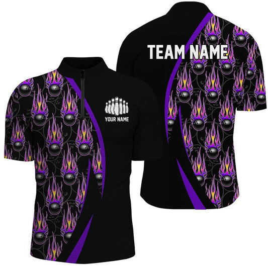 Custom Bowling Polo Shirts, Purple Flame Bowling Ball Pattern Custom Bowling Shirts For Men, Fire Bowling League Outfits