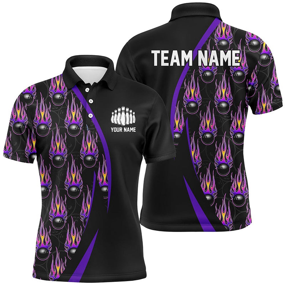 Custom Bowling Polo Shirts, Purple Flame Bowling Ball Pattern Custom Bowling Shirts For Men, Fire Bowling League Outfits