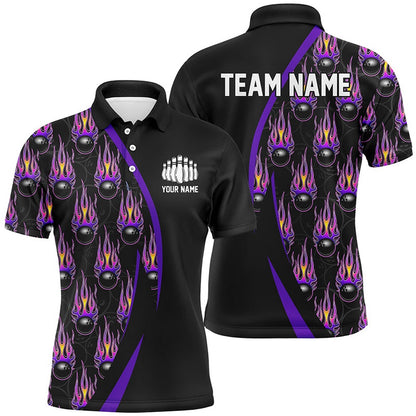 Custom Bowling Polo Shirts, Purple Flame Bowling Ball Pattern Custom Bowling Shirts For Men, Fire Bowling League Outfits