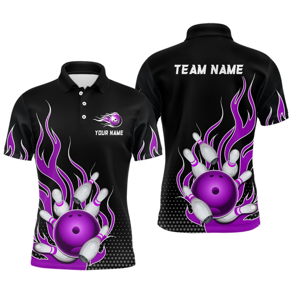 Custom Bowling Polo Shirts, Purple Flame Bowling Polo Shirts For Men And Women Custom Bowling Team Jerseys Unisex