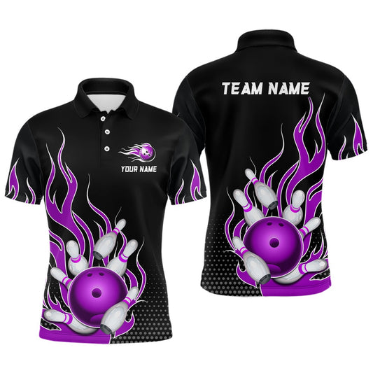 Custom Bowling Polo Shirts, Purple Flame Bowling Polo Shirts For Men And Women Custom Bowling Team Jerseys Unisex