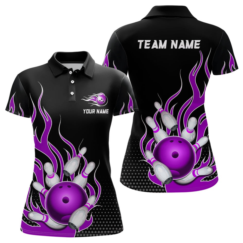 Custom Bowling Polo Shirts, Purple Flame Bowling Polo Shirts For Men And Women Custom Bowling Team Jerseys Unisex