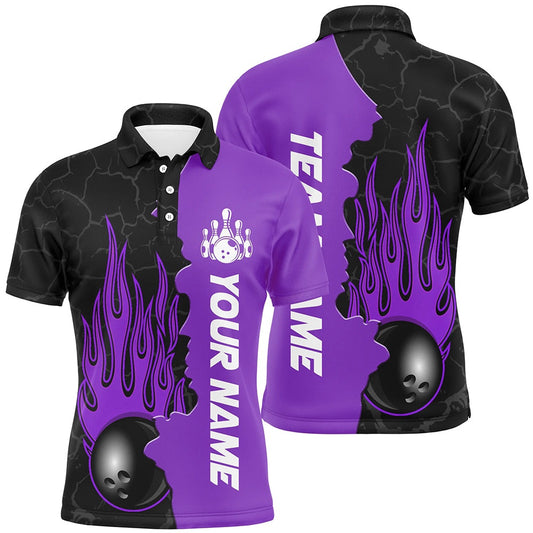 Custom Bowling Polo Shirts, Purple Flame Bowling Polo Shirts Men & Women Custom Bowling Team League Jerseys