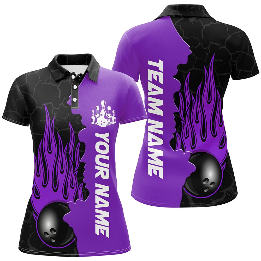 Custom Bowling Polo Shirts, Purple Flame Bowling Polo Shirts Men & Women Custom Bowling Team League Jerseys