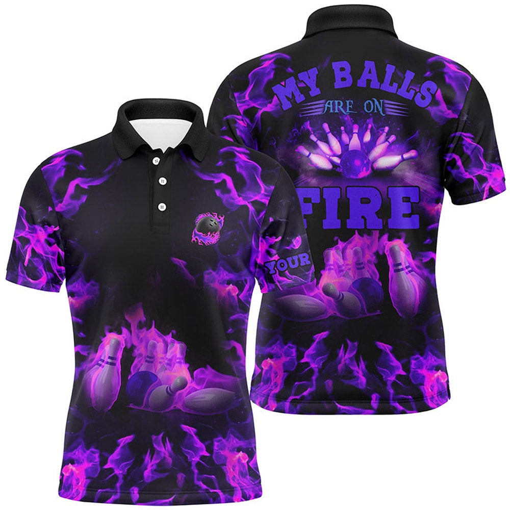 Custom Bowling Polo Shirts, Purple Flame Bowling Shirt Custom My Balls Are On Fire Bowling Polo Shirts For Men, Bowling Jerseys
