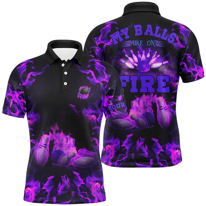 Custom Bowling Polo Shirts, Purple Flame Bowling Shirt Custom My Balls Are On Fire Bowling Polo Shirts For Men, Bowling Jerseys
