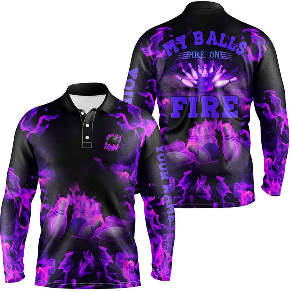 Custom Bowling Polo Shirts, Purple Flame Bowling Shirt Custom My Balls Are On Fire Bowling Polo Shirts For Men, Bowling Jerseys