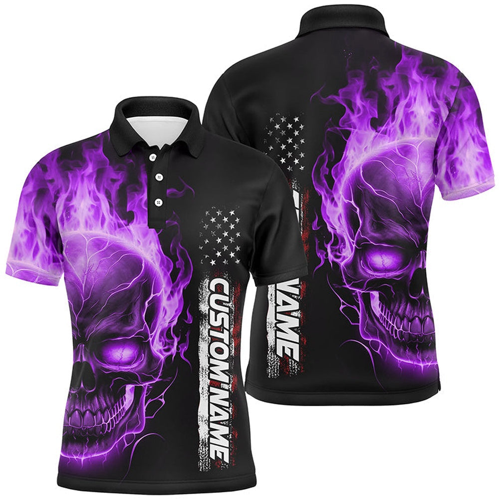 Custom Bowling Polo Shirts, Purple Flame Skull Custom Bowling Polo Shirts For Men And Women, American Bowling Team Jerseys