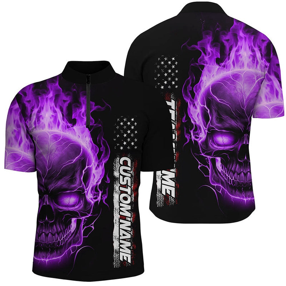 Custom Bowling Polo Shirts, Purple Flame Skull Custom Bowling Polo Shirts For Men And Women, American Bowling Team Jerseys