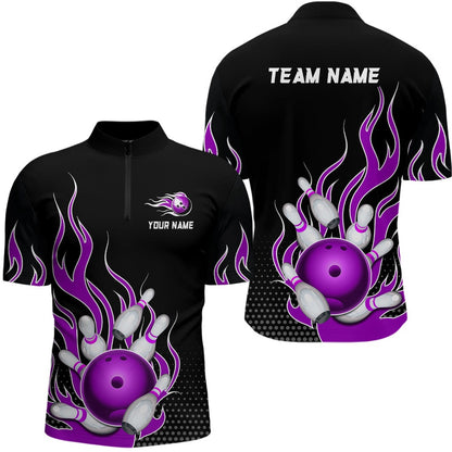 Custom Bowling Polo Shirts, Purple Flame Zip Bowling Shirts For Men And Women Custom Bowling Team Jerseys Unisex