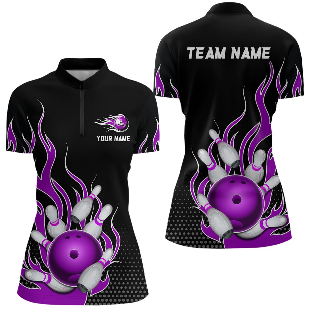 Custom Bowling Polo Shirts, Purple Flame Zip Bowling Shirts For Men And Women Custom Bowling Team Jerseys Unisex