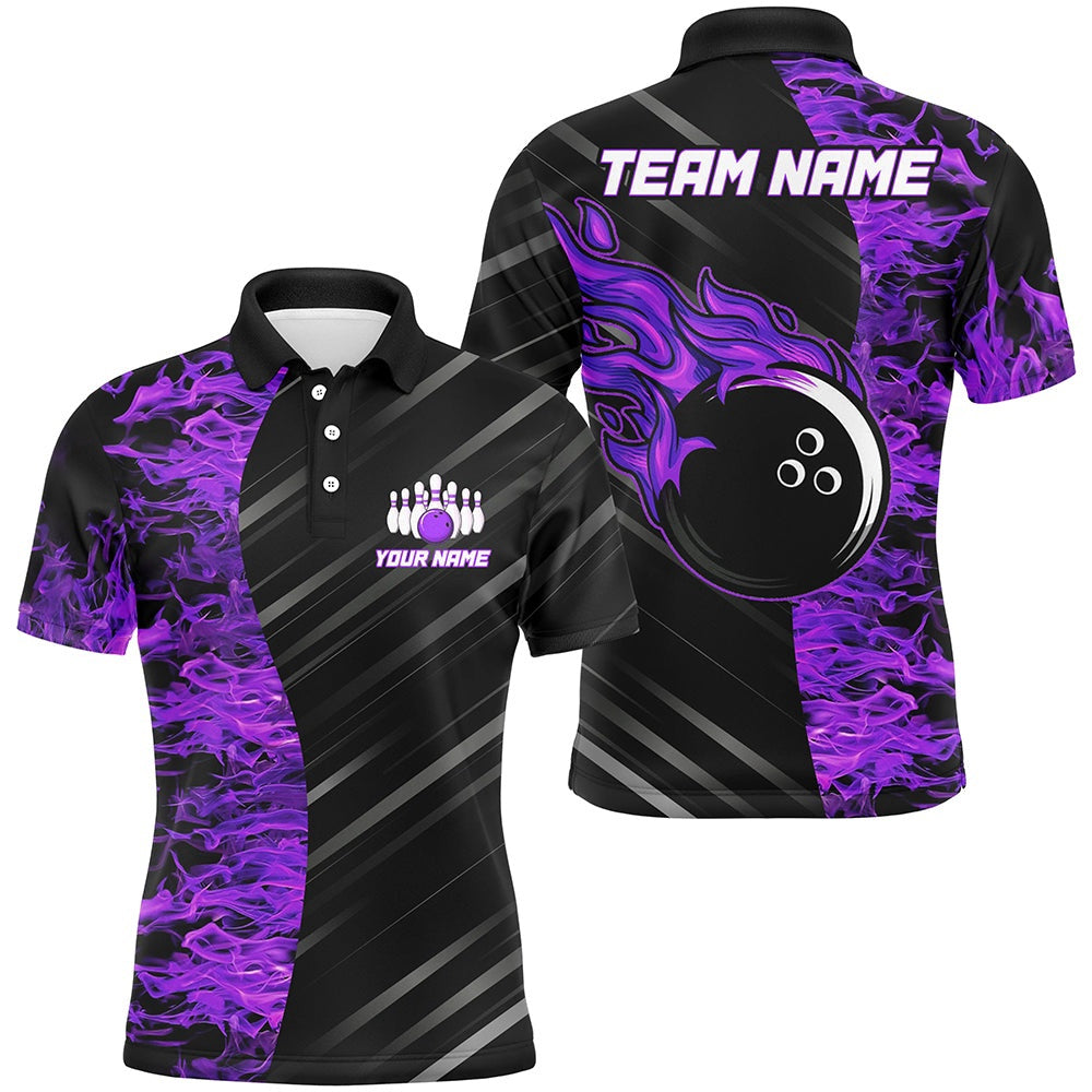 Custom Bowling Polo Shirts, Purple Flames Bowling Jersey Men Women Custom Bowling Polo Shirt For Team