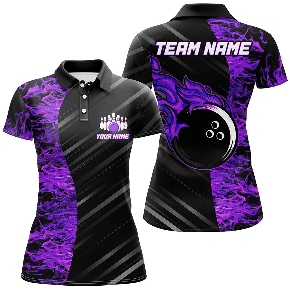 Custom Bowling Polo Shirts, Purple Flames Bowling Jersey Men Women Custom Bowling Polo Shirt For Team