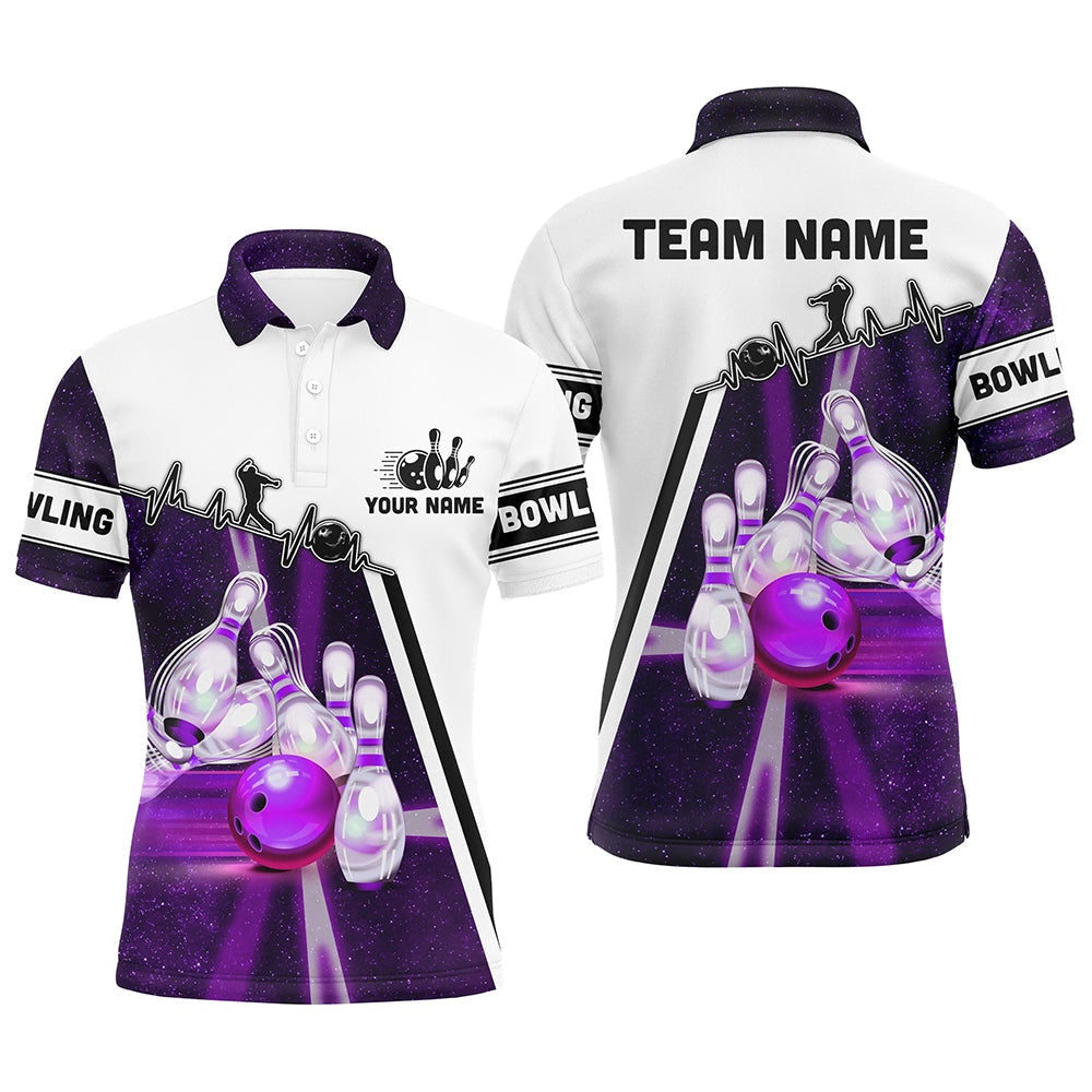 Custom Bowling Polo Shirts, Purple Galaxy Light Bowling Ball Pins Custom Bowling Polo Team League Jerseys