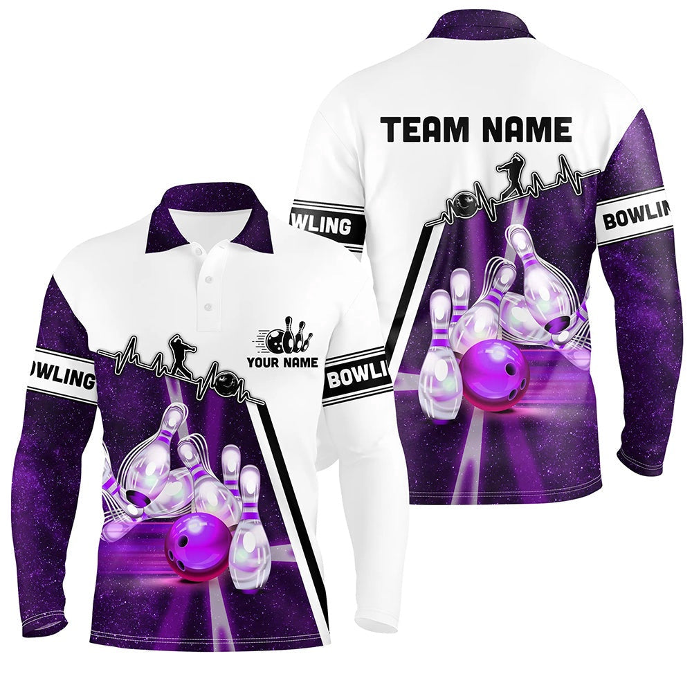 Custom Bowling Polo Shirts, Purple Galaxy Light Bowling Ball Pins Custom Bowling Polo Team League Jerseys
