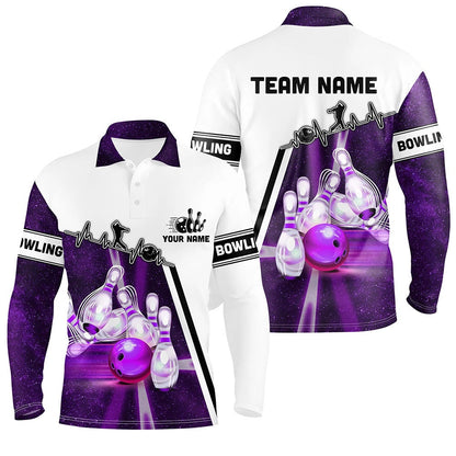 Custom Bowling Polo Shirts, Purple Galaxy Light Bowling Ball Pins Custom Bowling Polo Team League Jerseys