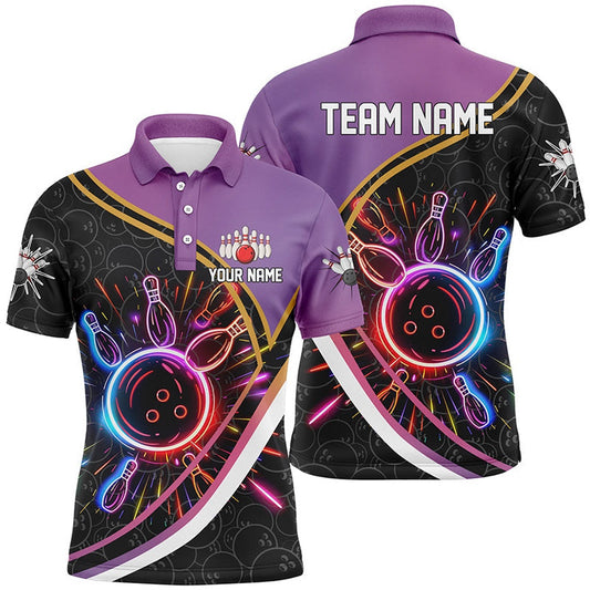 Custom Bowling Polo Shirts, Purple Gradient Black Camo Bowling Shirts For Men Custom Colorful Neon Light Team Bowling Jerseys